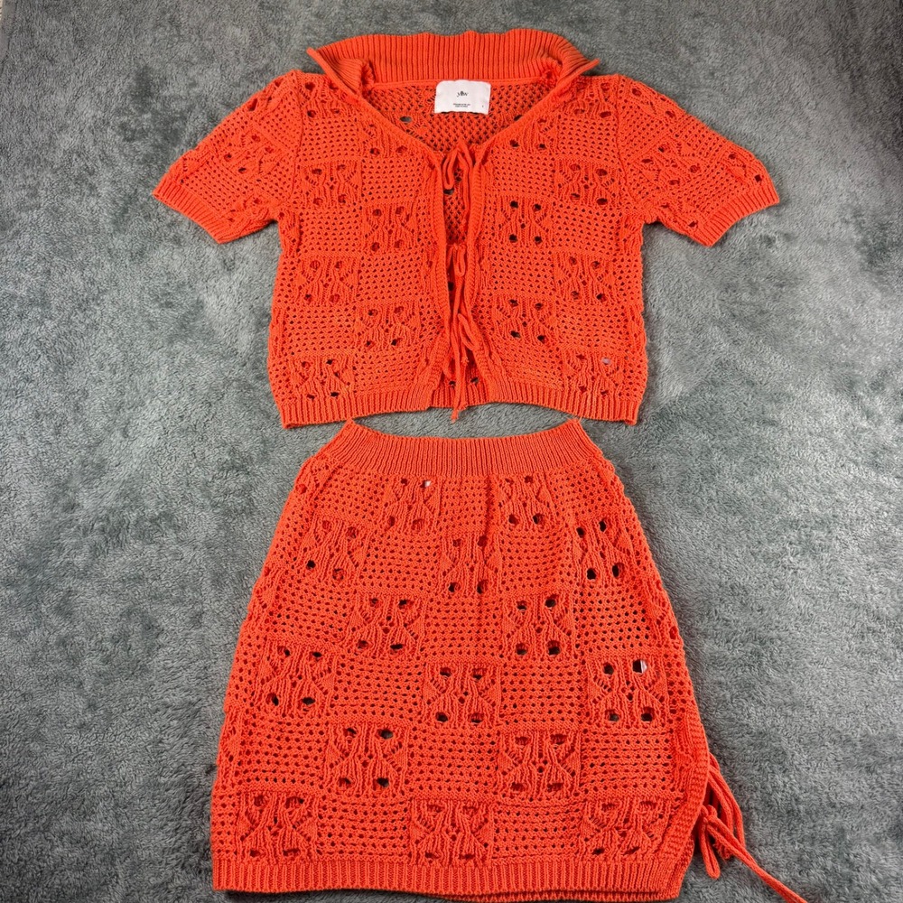 YLLW Orange Crochet Knit Button‎ Up Cardigan Sweater & Mini Skirt Set S